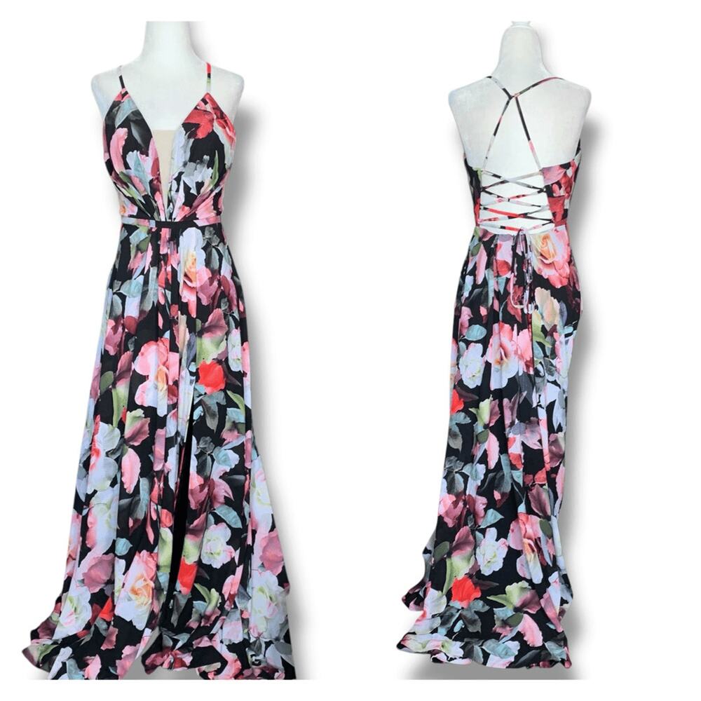 Cachet Dark Floral Fuchsia Formal Black Maxi Dress Lace Up‎ Back HOCO Feminine